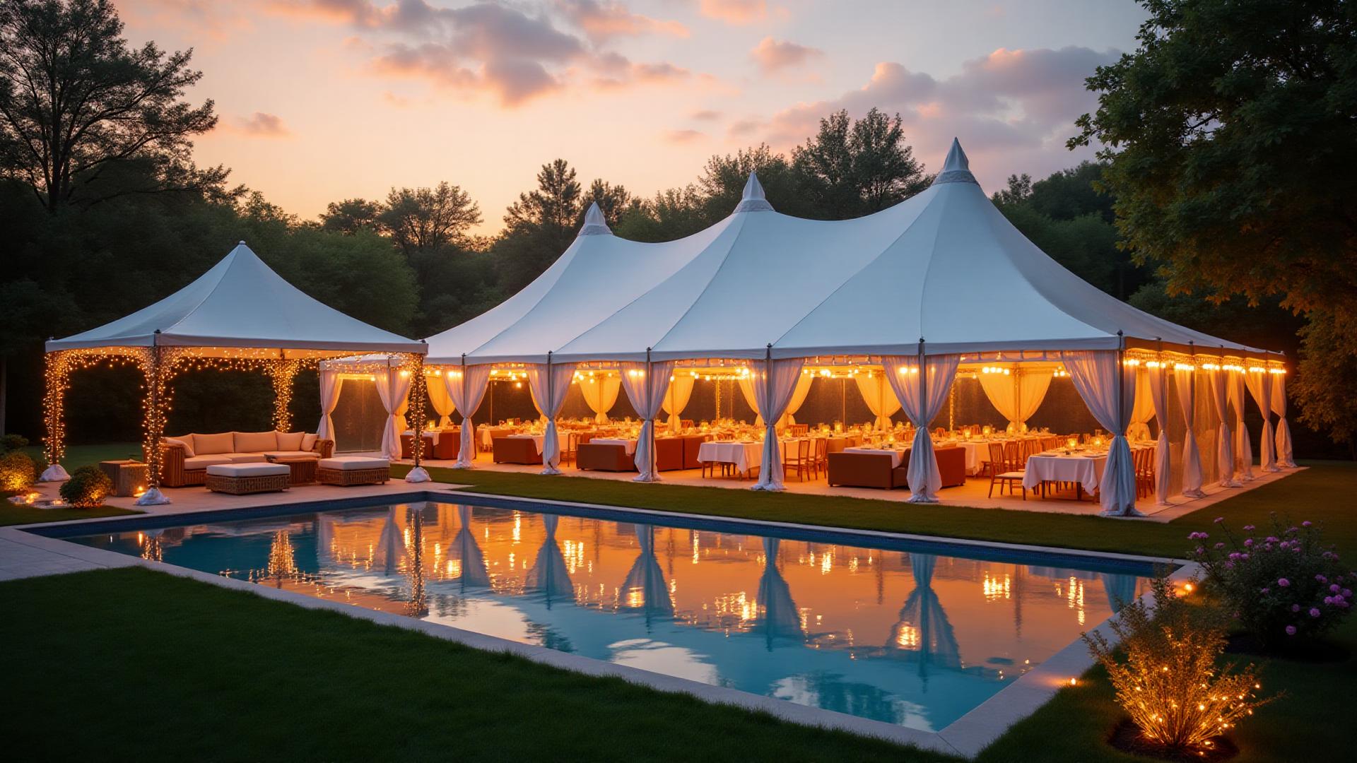 Espaço de eventos elegante com tendas e piscina ao pôr do sol