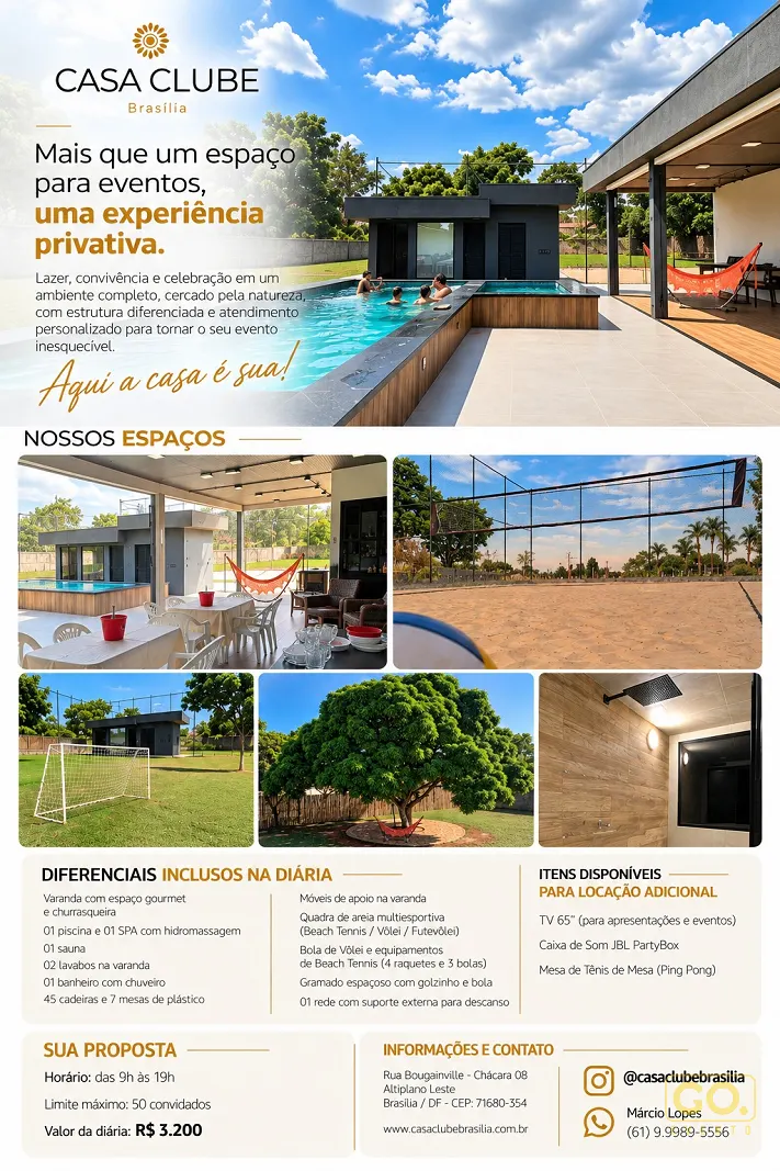 Arte de divulgação com piscina de borda ao lado de área coberta, quadra de areia, campo gramado e árvore frondosa ao fundo.