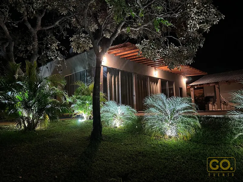 Jardim noturno com palmeiras iluminadas por luzes de chão, uma árvore de grande porte e fachada com pergolado de madeira ao fundo.
