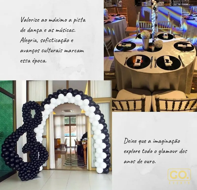 Colagem com arco de balões pretos e brancos em formato de nota musical e mesa redonda decorada com discos de vinil para festa.