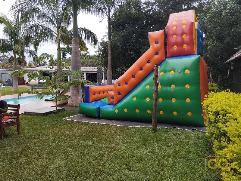 Brinquedo inflável colorido com parede de escalada e escorregador instalado sobre o gramado, ao lado da piscina e das palmeiras.